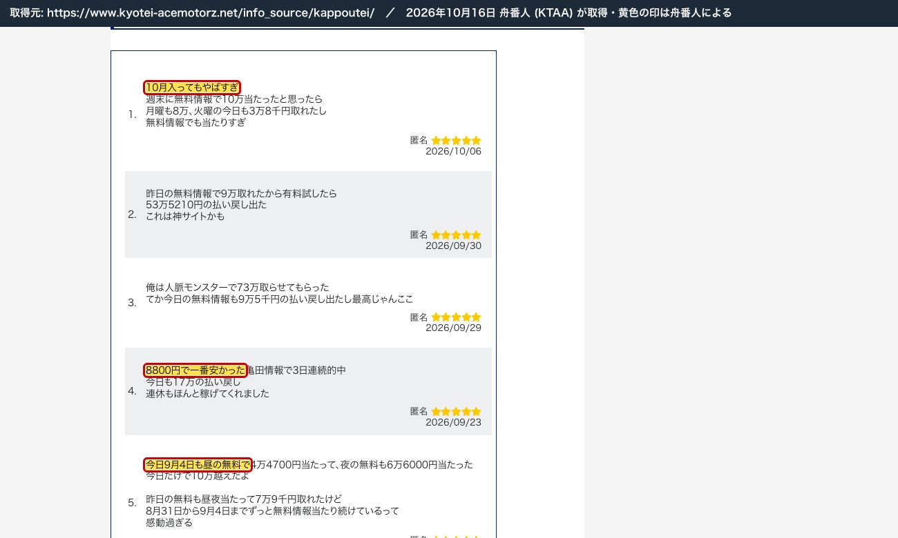 競艇エースモータースの勝方艇の記事の口コミ欄。「10月入ってもやばすぎ」「8800円で一番安かった」「今日9月4日も昼の無料で」 (2026年10月16日、舟番人が取得。黄色の印は舟番人による)
