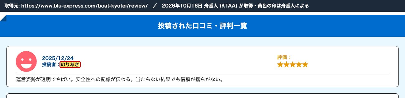 BoatWith のボートリオの口コミ。「のりあき」・星5・2025/12/24 で同じ文章 (2026年10月16日、舟番人が取得。黄色の印は舟番人による)