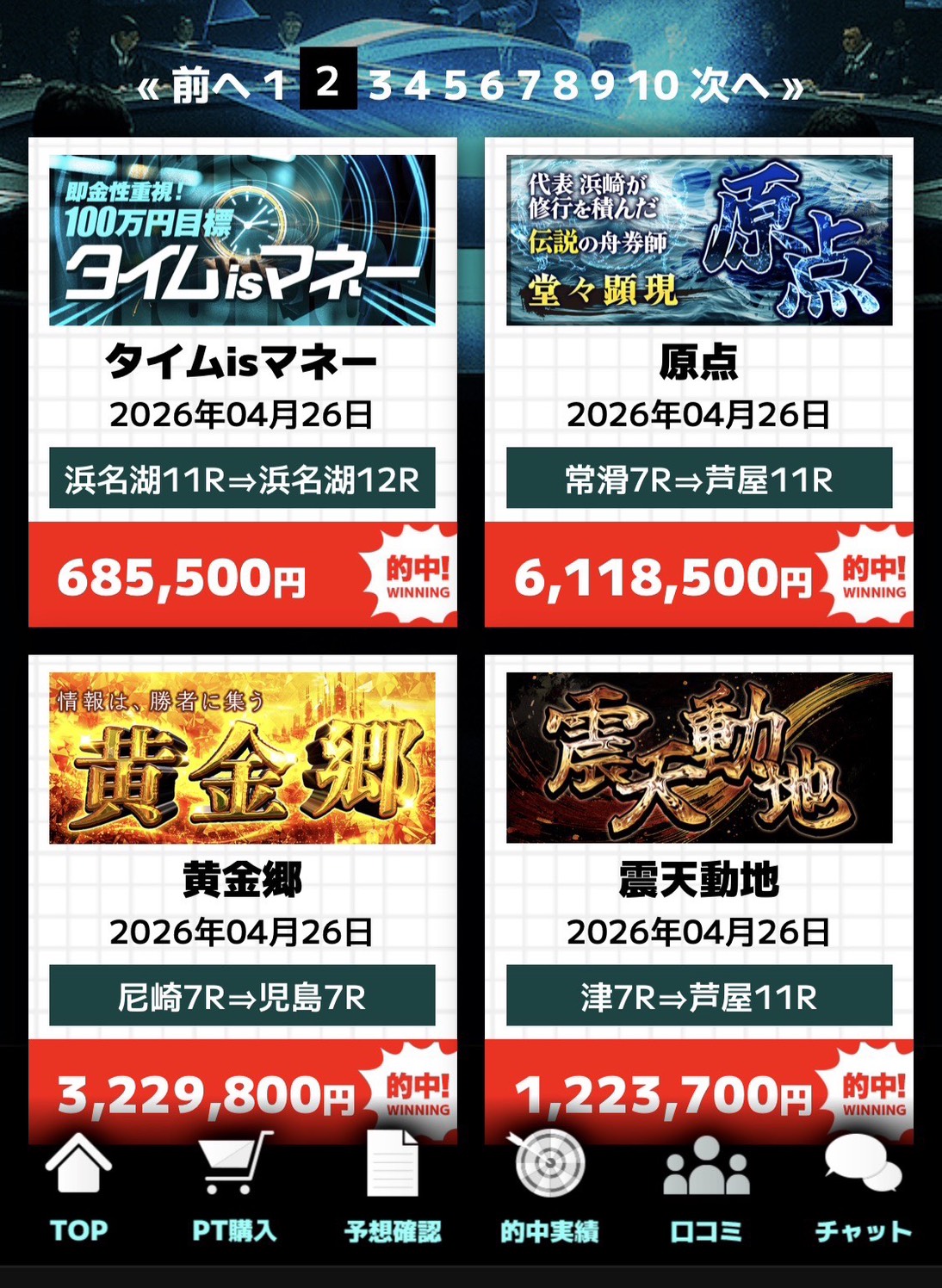 競艇会議 的中実績ページ1 (4/26 タイムisマネー/原点/黄金郷/震天動地 提示)