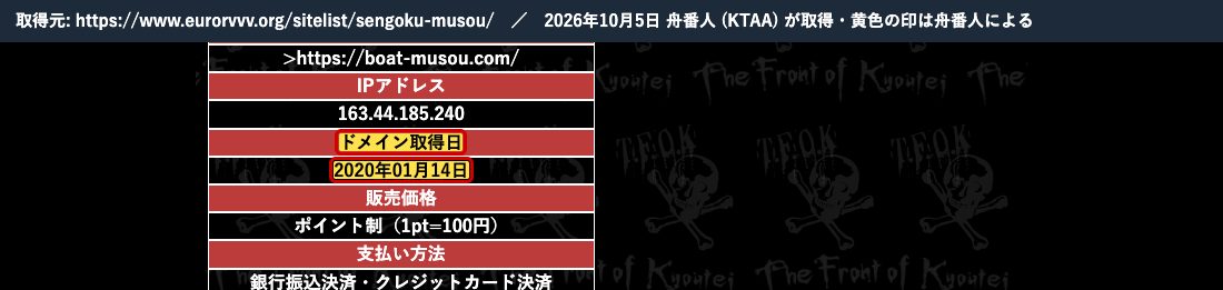 競艇戦線の船国無双の記事。「ドメイン取得日 2020年01月14日」 (2026年10月5日、舟番人が取得。黄色の印は舟番人による)