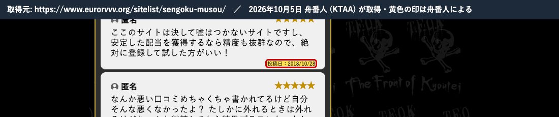 同じ記事の口コミ。「投稿日:2018/10/28」 (2026年10月5日、舟番人が取得。黄色の印は舟番人による)