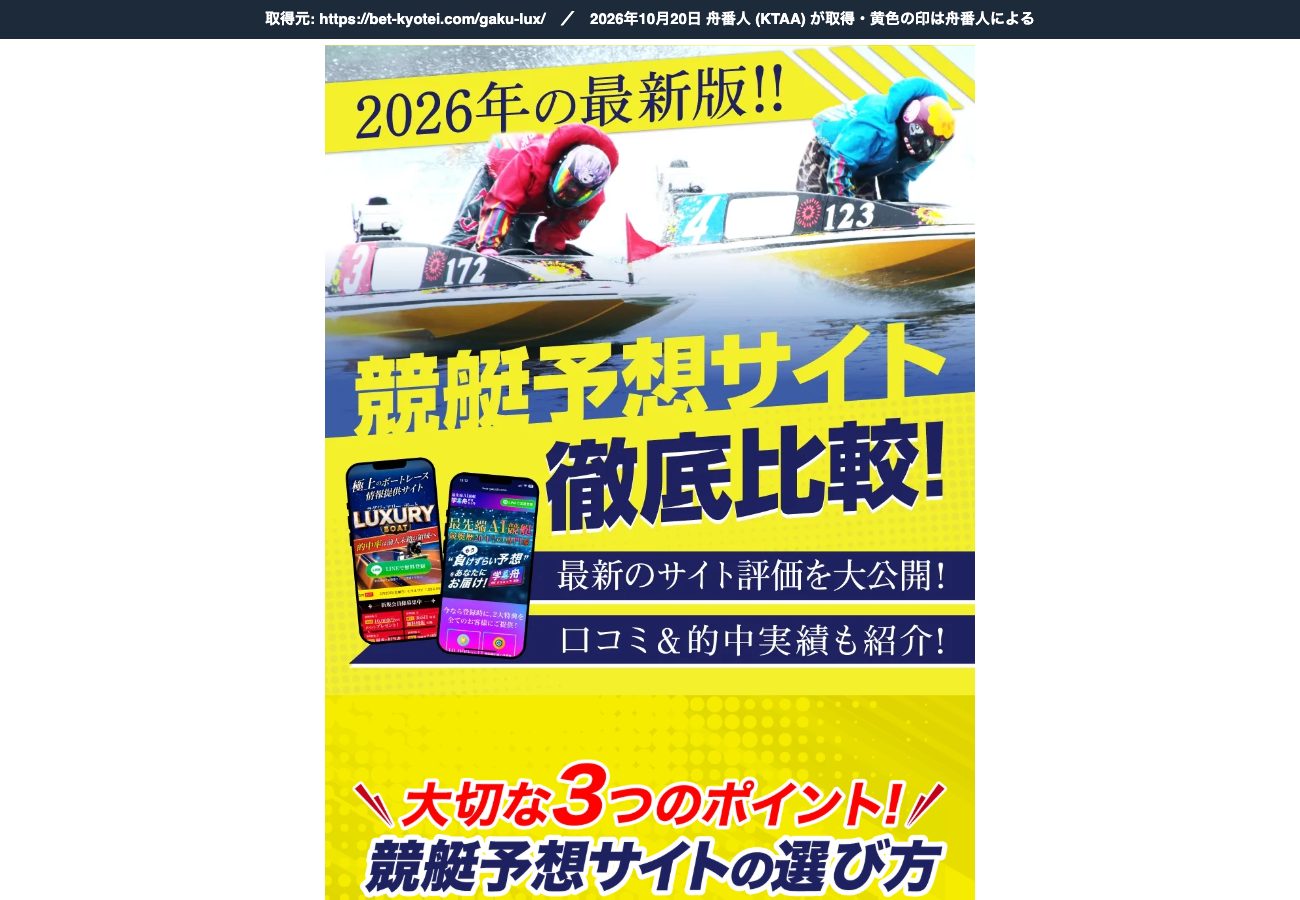 学舟と競艇ラグジュアリーの2サイトだけを並べた比較ページ「競艇予想サイト徹底比較！」 (2026年10月20日、舟番人が取得)
