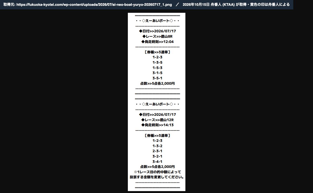 競艇解体新書の記事にリンクされたえーあいボートの買い目画像 (2026/07/17)。徳山8R・徳山12R 各5点 (2026年10月15日、舟番人が取得)