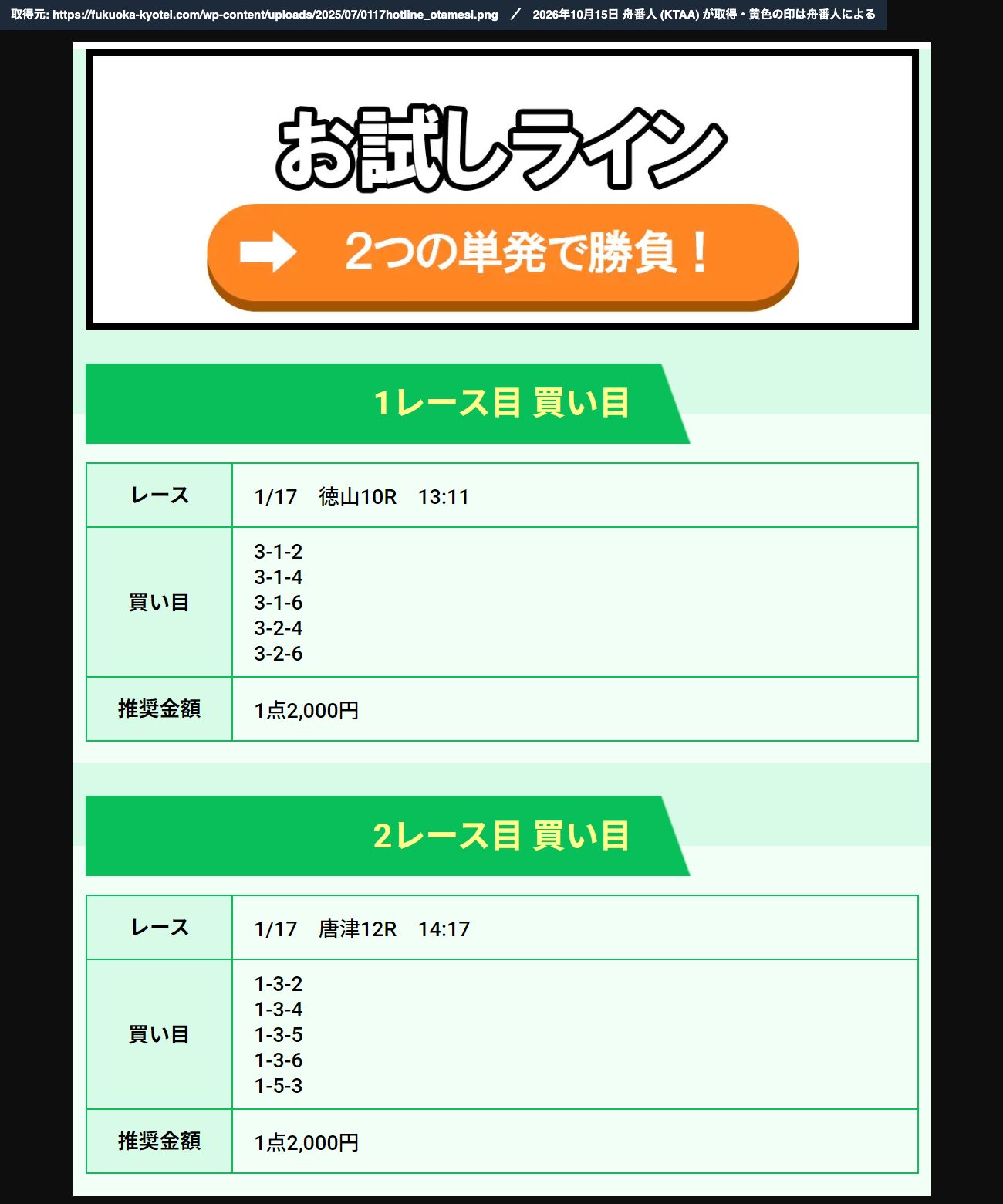 競艇解体新書の記事にリンクされた競艇ホットライン「お試しライン」の買い目画像。「1/17 徳山10R」「1/17 唐津12R」 (2026年10月15日、舟番人が取得)