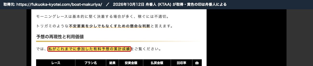 競艇解体新書のマクリ屋の記事。「私がこれまでに参加した有料予想の累計成績をご覧ください」 (2026年10月12日、舟番人が取得。黄色の印は舟番人による)