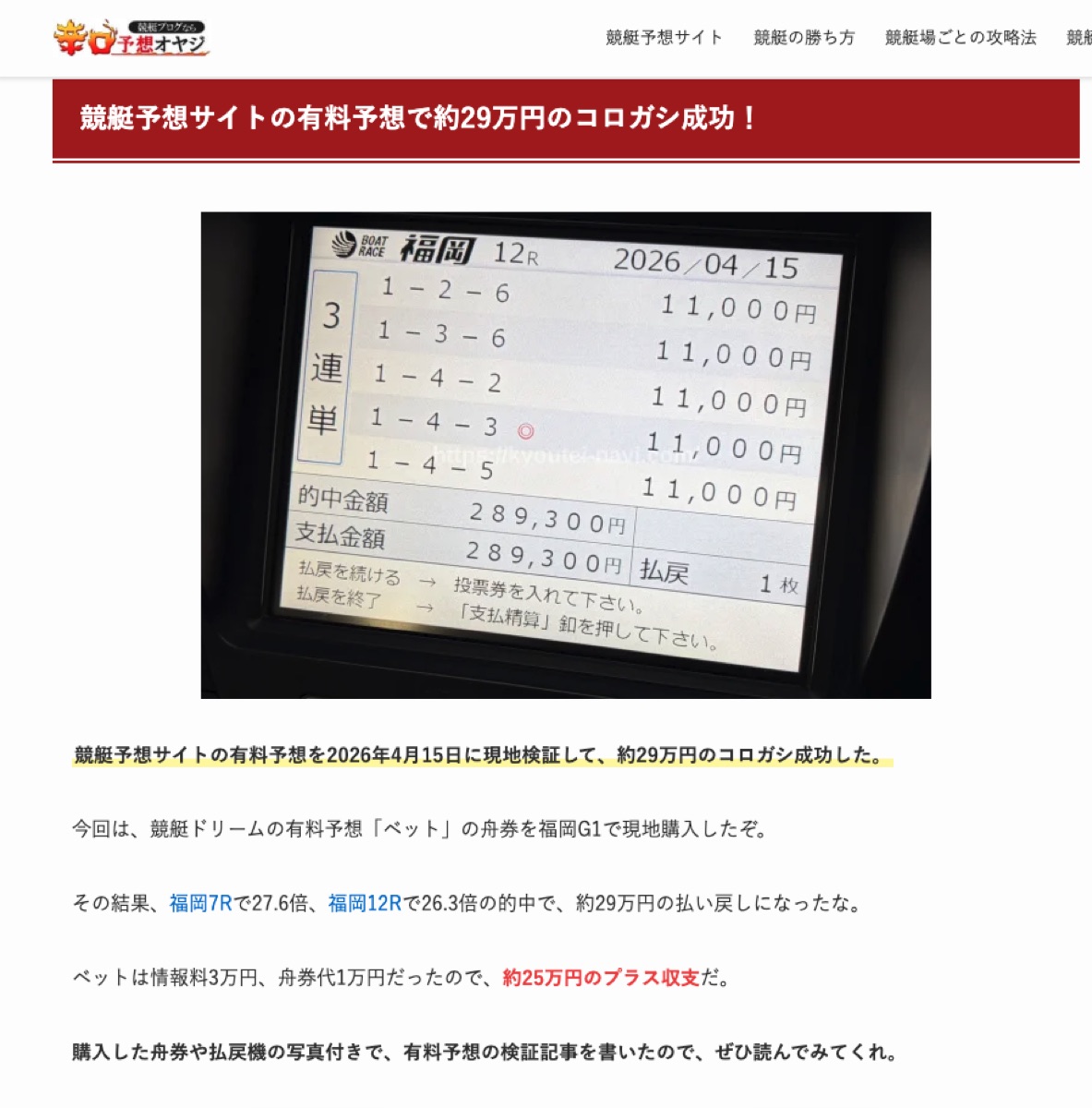 辛口予想オヤジ 「競艇予想サイトの有料予想で約29万円のコロガシ成功!」 記事キャプチャ — 5点×11,000円=55,000円購入を「舟券代1万円・約25万円のプラス収支」 と記載した計算矛盾観測