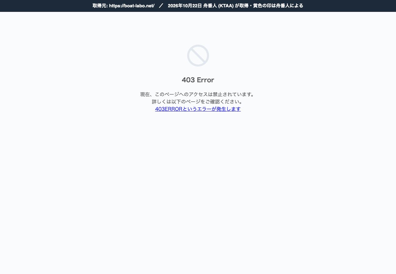 競艇ラボ (boat-labo.net) のトップページ。「403 Error 現在、このページへのアクセスは禁止されています。」 (2026年10月22日、舟番人が取得)