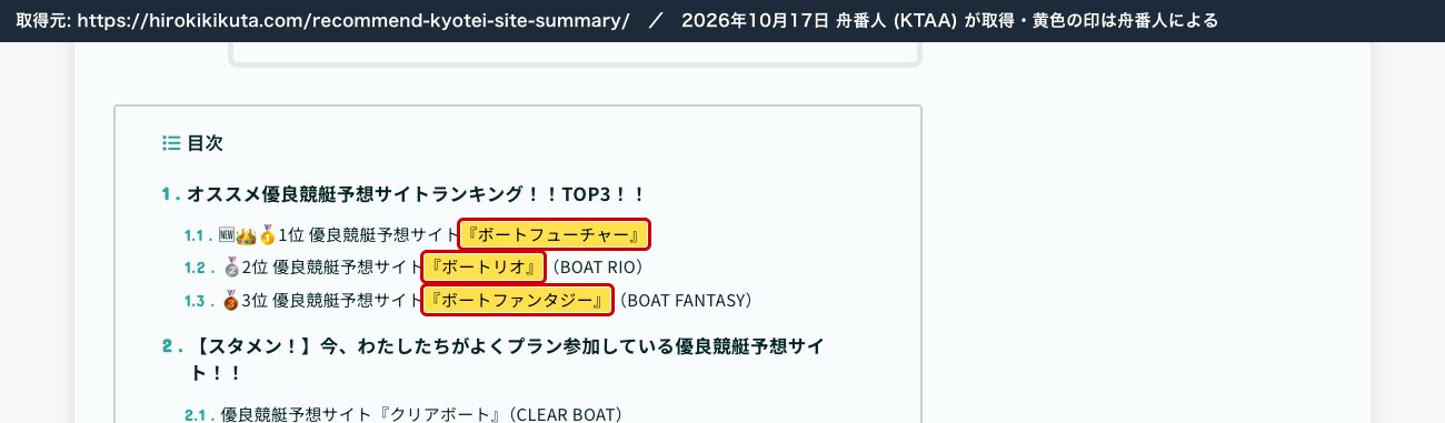 ボートレースマンションの元のドメインのランキング。1位『ボートフューチャー』2位『ボートリオ』3位『ボートファンタジー』 (2026年10月17日、舟番人が取得。黄色の印は舟番人による)