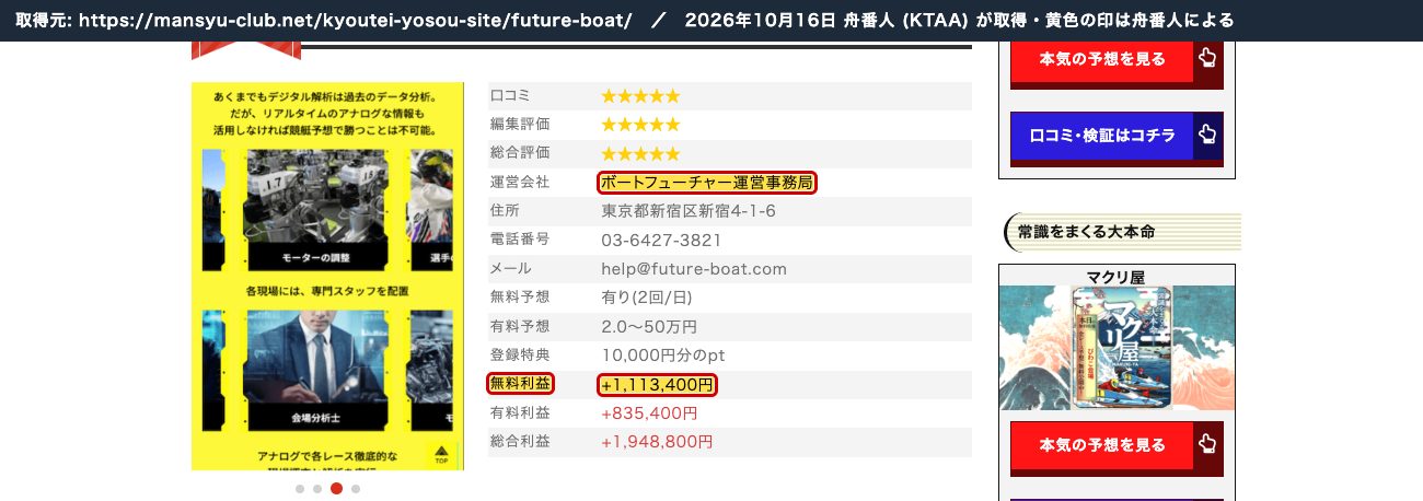 万舟倶楽部のボートフューチャーの記事の冒頭の枠。「無料利益 +1,113,400円」 (2026年10月16日、舟番人が取得。黄色の印は舟番人による)