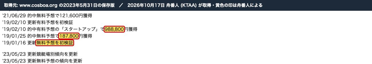 2023年5月31日の保存版。「’19/01/16 更新 無料予想を初検証」「’19/01/25 的中 無料予想で187,800円獲得」「’19/02/10 有料予想の『スタートアップ』で988,800円獲得」 (2026年10月17日、舟番人が取得。黄色の印は舟番人による)