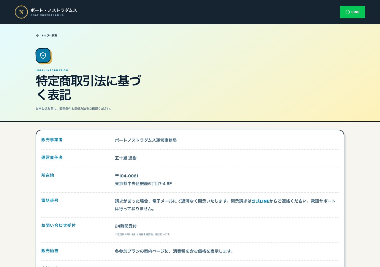 ボート・ノストラダムスの特定商取引法の表記。所在地が DOPE BOAT CLUB と同じ「東京都中央区銀座6丁目7-4 8F」 (2026年9月30日取得)