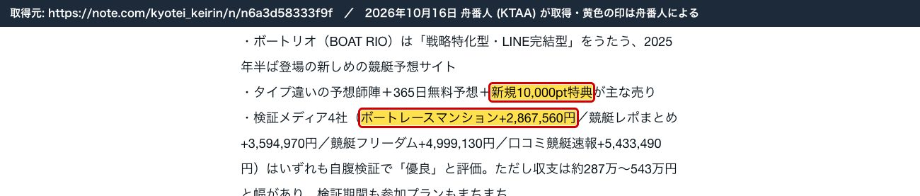 note のボートリオの記事のまとめ。「新規10,000pt特典」「検証メディア4社（ボートレースマンション+2,867,560円…）」 (2026年10月16日、舟番人が取得。黄色の印は舟番人による)