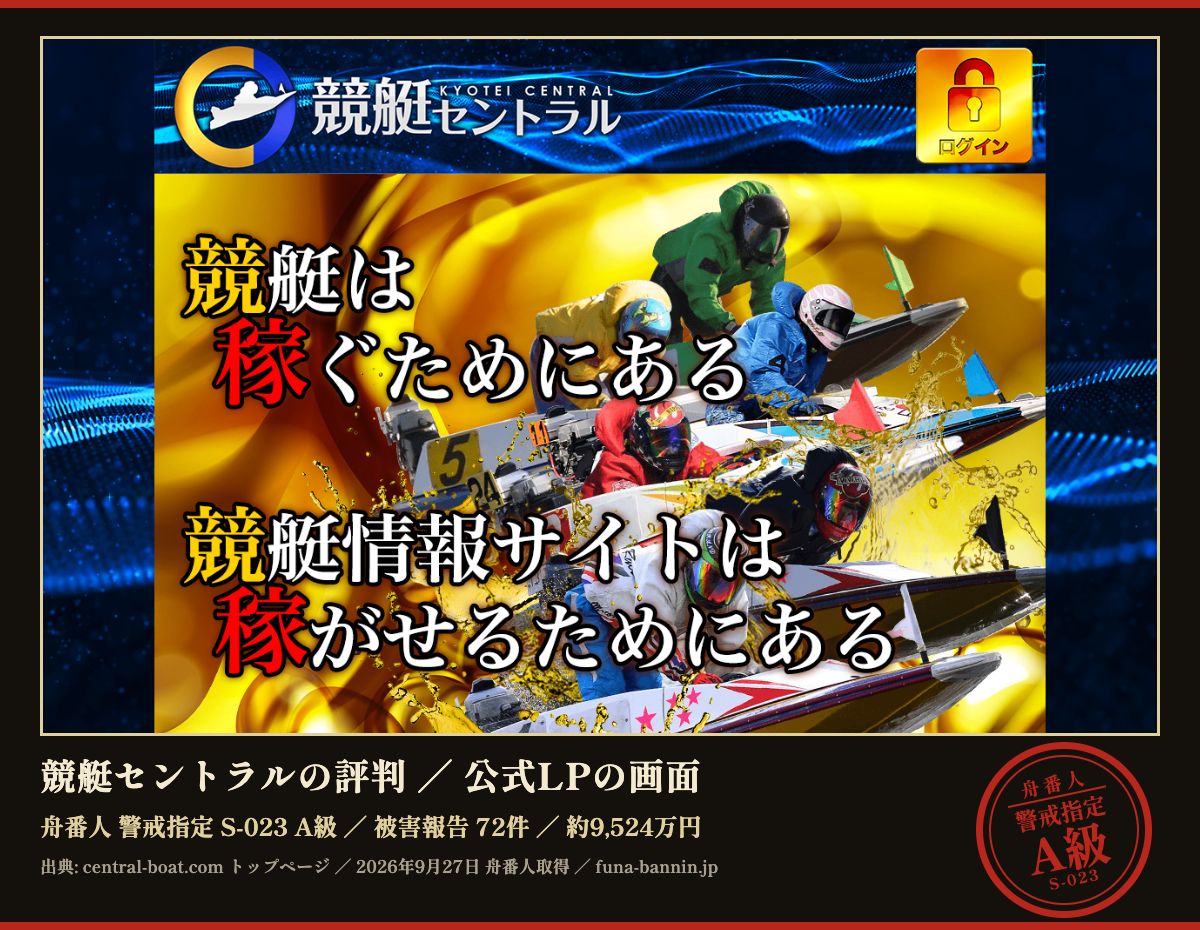 競艇セントラル (central-boat.com) の公式LPのファーストビュー (2026年9月27日取得、枠内は加工していない)