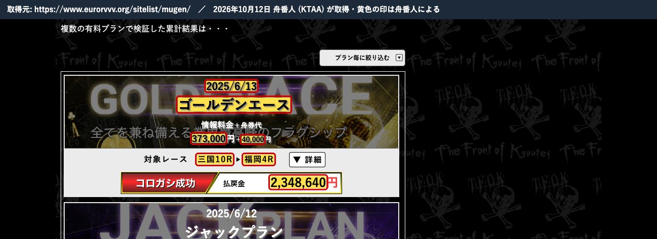 競艇戦線の MUGEN の記事。「2025/6/13 ゴールデンエース 情報料金 373,000円 ＋舟券代 40,000円 対象レース 三国10R ► 福岡4R コロガシ成功 払戻金 2,348,640円」 (2026年10月12日、舟番人が取得。黄色の印は舟番人による)